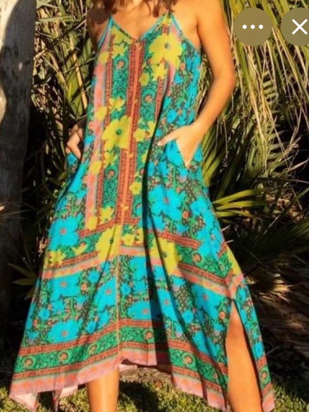 NATURAL LIFE Turquoise Floral Boho Maxi Dress with Yellow Flowers